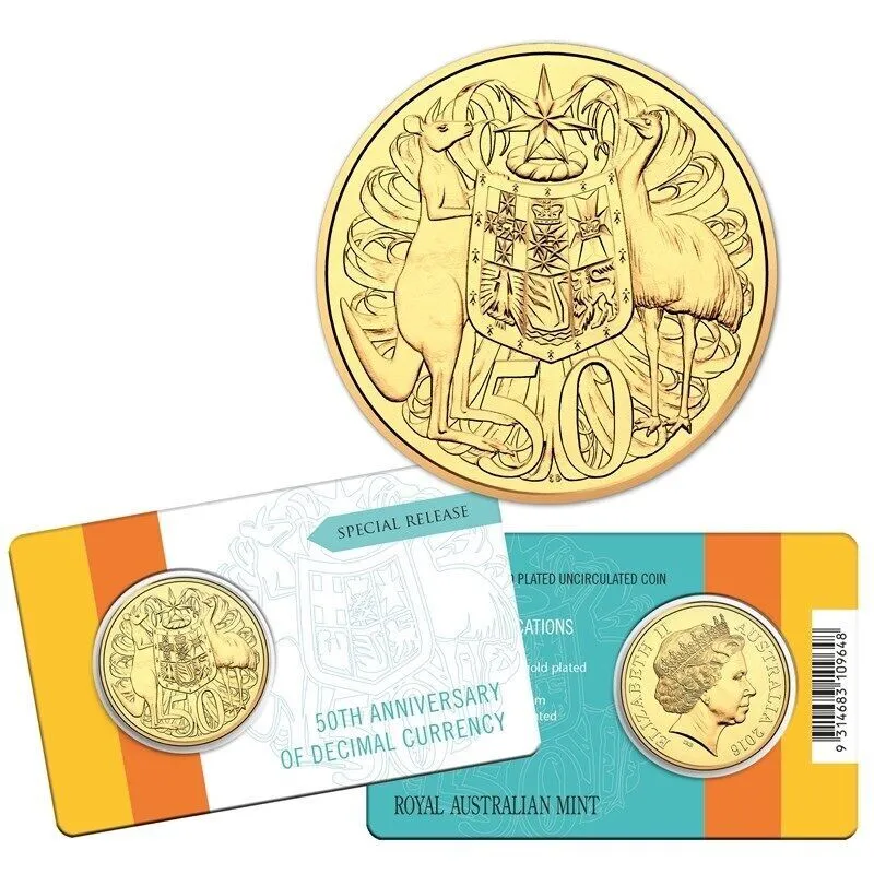 Lot 13 — 2016 50c RAM Gold Plated 50th Anniversary of Decimal Currency coin in card