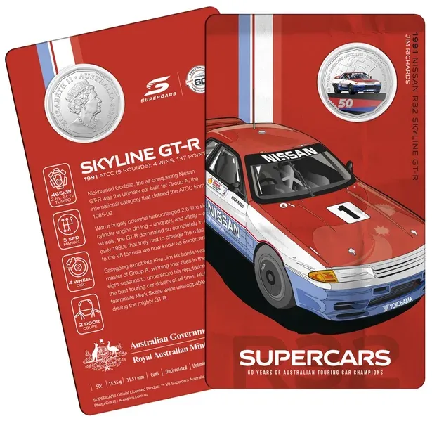Lot 33 — 2020 Supercars - 1991 Nissan R32 Skyline GT-R 50c Carded Coin
