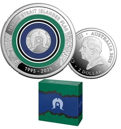 Lot 12 — 2025 $2 30th Anniversary of the Torres Strait Islander Flag - ‘C' Mintmark Coloured Fine Silver Proof Coin