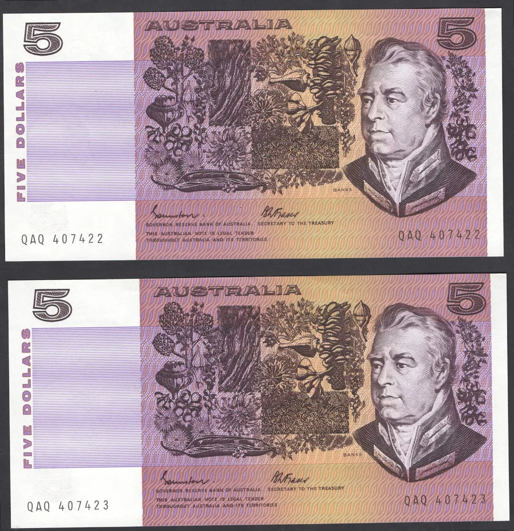 Lot 27 — 1985 $5 Johnston/Fraser Gothic PAIR [QAQ] EF+