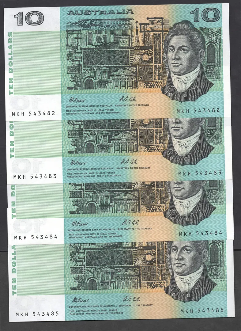 Lot 45 — 1991 $10 Fraser/Cole Run of 4 with PIL [MKH] aUnc