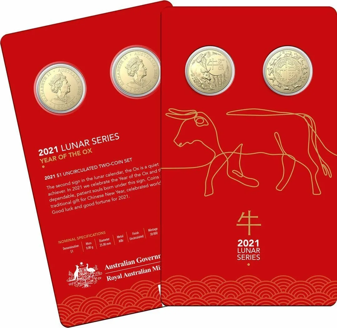 Lot 42 — Lunar $1 uncirculated two-coin set - 2021 Ox