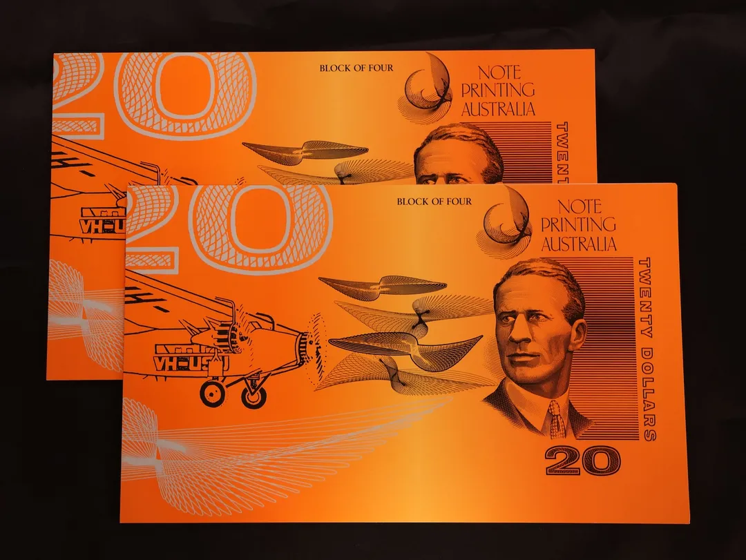 Lot 30 — $20 1993 Uncut Blocks of 4 Red Serials Consecutive Pair of Folders