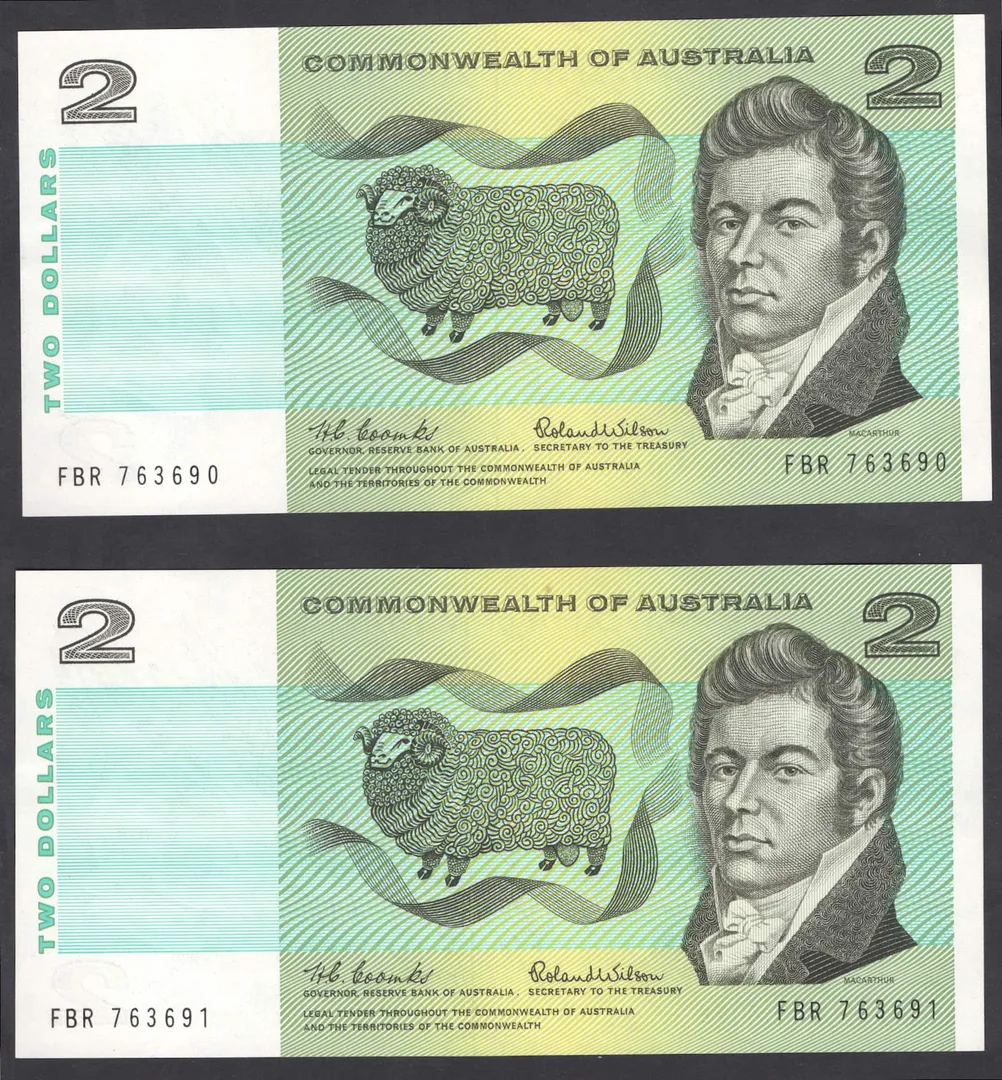 Lot 10 — 1966 $2 Coombs/Wilson PAIR [FBR] EF+