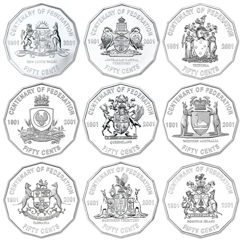 Lot 12 — 2001 50c Centenary of Federation state coins - various - 5 Bags of 20 (100)