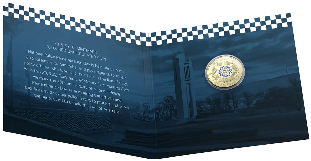 Lot 5 — 2019 $2 Police Remembrance 'C' Mintmark - Coloured Coin in Folded Display Card