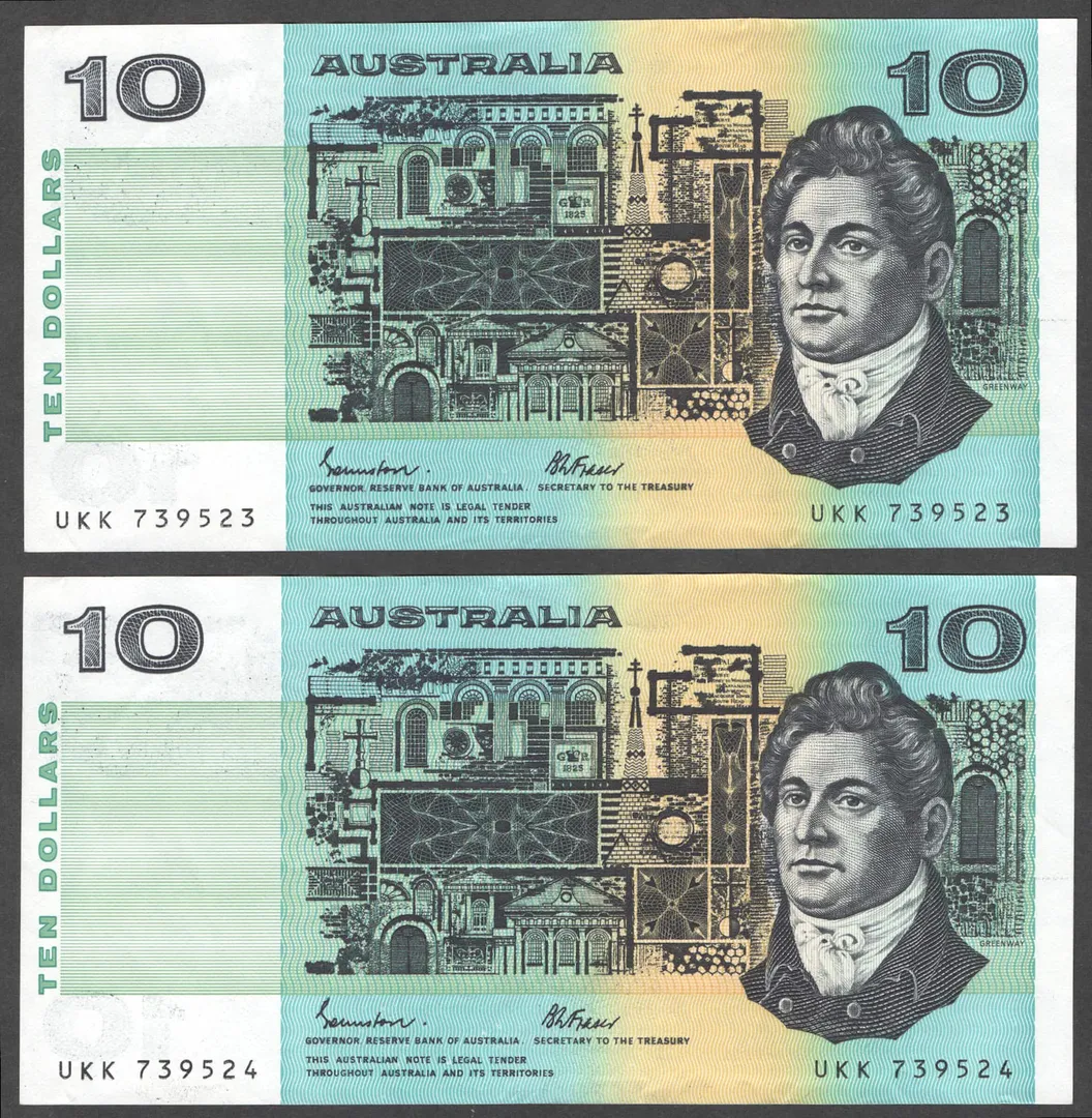 Lot 42 — 1985 $10 Johnston/Fraser PAIR [UKK] EF+