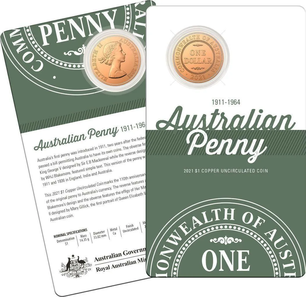 Lot 2 — BIN: 2021 $1 Australian Penny 110th Anniversary Copper 2 Coin Set