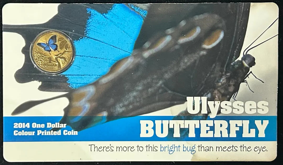 Lot 33 — 2014 $1 Ulysses Butterfly Coloured Coin (Card Damaged/Stained)