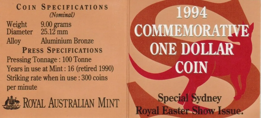 Lot 32 — 1994 $1 Commemorating the One Dollar Coin Royal Easter Show Issue