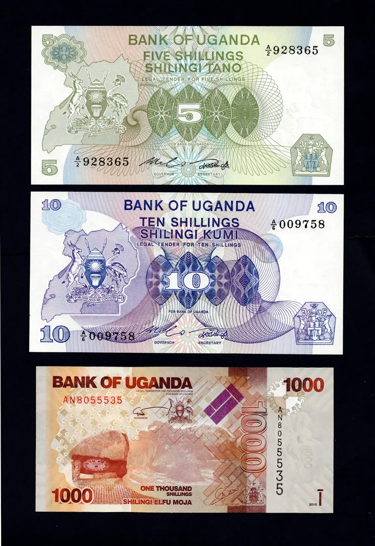 Lot 34 — Bank of Uganda 5, 10 & 1000 Shillings Mixed Banknote Group