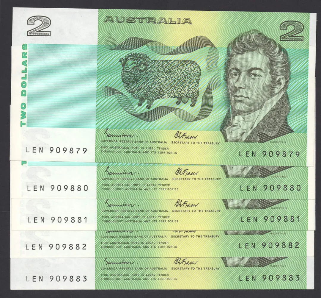 Lot 31 — 1985 $2 Johnston/Fraser General Prefix Run of 5 [LEN]