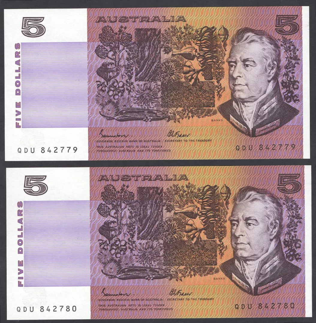 Lot 26 — 1985 $5 Johnston/Fraser OCRB PAIR [QDU] Unc